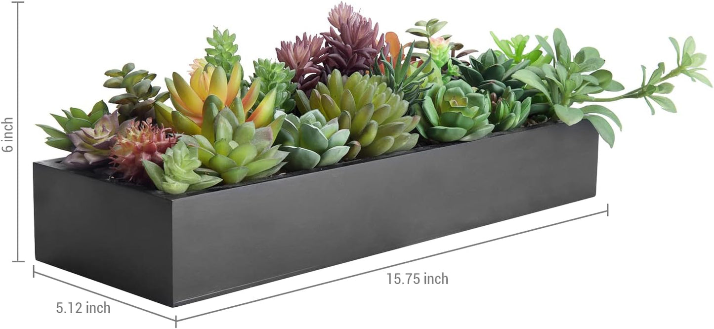 MyGift Artificial Succulent Centerpiece,15.75 Inch Faux Succulents Arrangement Plants in Sleek Black Wooden Rectangular Planter Box