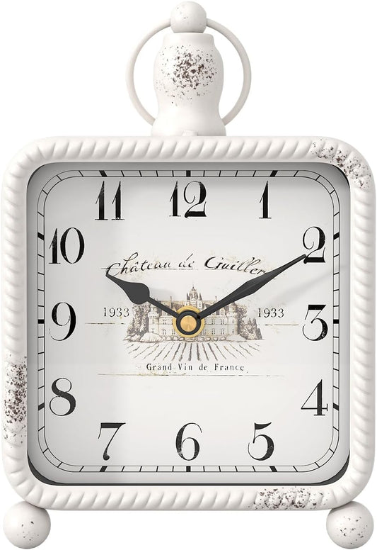 Vintage White Table Clock on Stand, Desk and Shelf Decor Clock, French Rustic Style Non-Ticking Mantel Clocks for Farmhouse, Living Room, Bedroom, Bedside, Gift (8.5" H x 5.5" W)