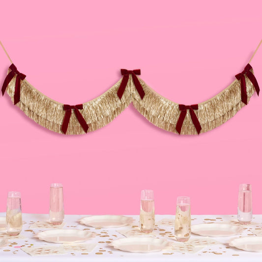 xo, Fetti Gold Fringe + Red Velvet Bow Banner 6 Ft. | Bachelorette Decoration, Christmas Party Sign, Bridal Shower Decor, Birthday Photoshoot Backdrop