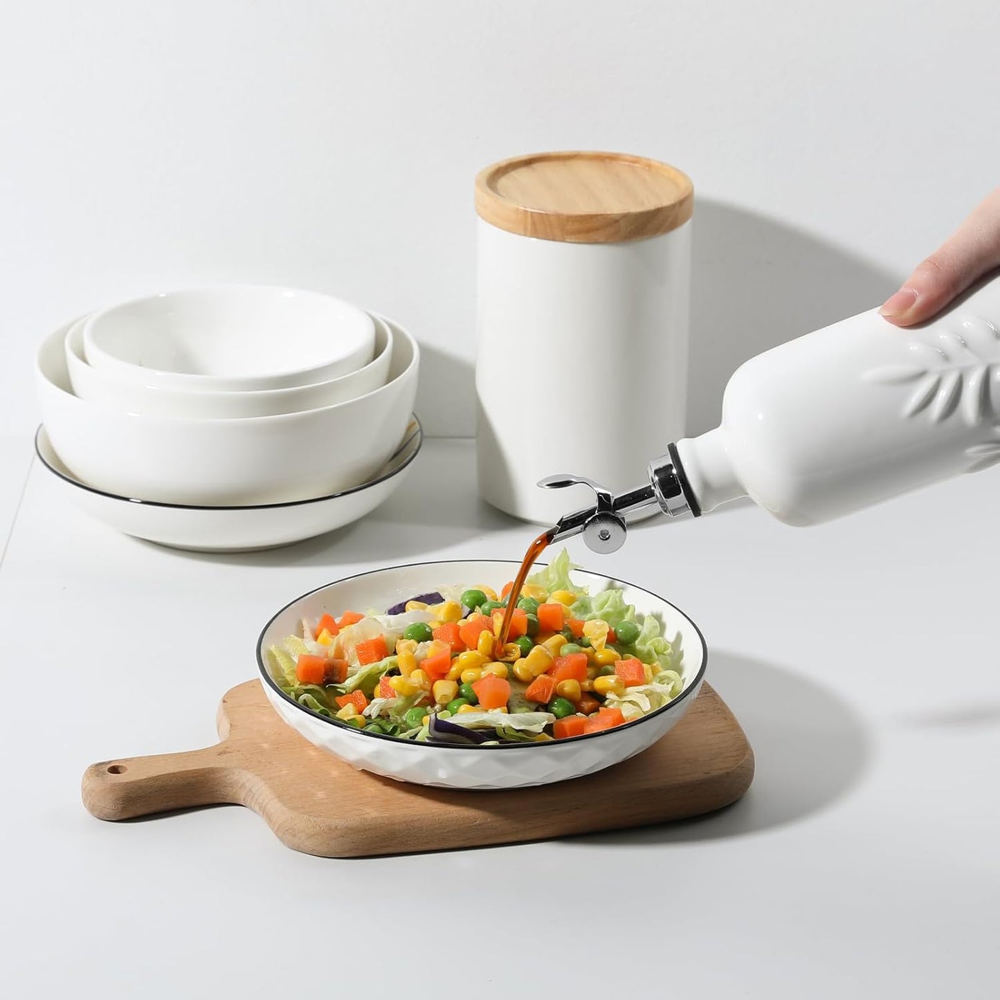 Sweejar 18 Oz Oil Dispenser for Kitchen with Gravity Spout, Ceramic Olive Oil Dispenser Bottle, Relief Opaque Vinegar Container for Evoo, Vinegar, Soy Sauce, Pack of 1(White, Silver Spout)