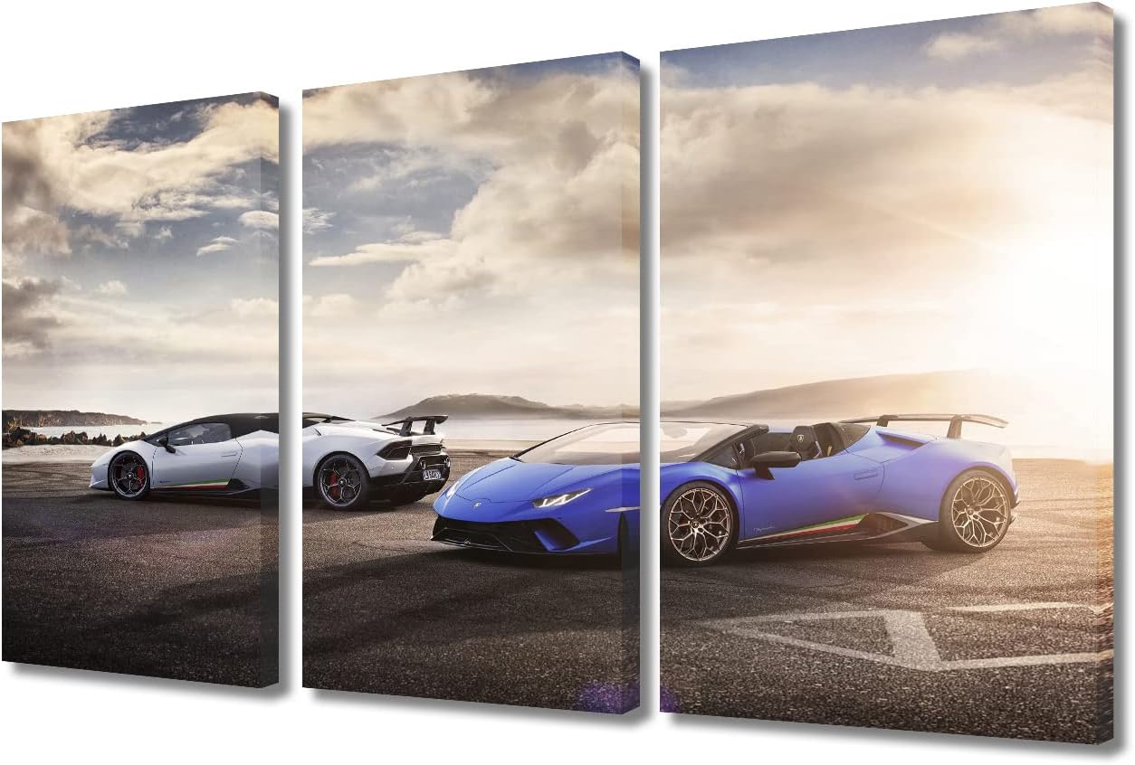 Canvas Prints Sports Car at Sunset Skyline Wall Art Modern Home Decor Seaside Super Car Poster Living Room 3 Pieces Men Boys Bedroom Decoration Artwork Painting Framed Ready to Hang, 36"Wx24"H