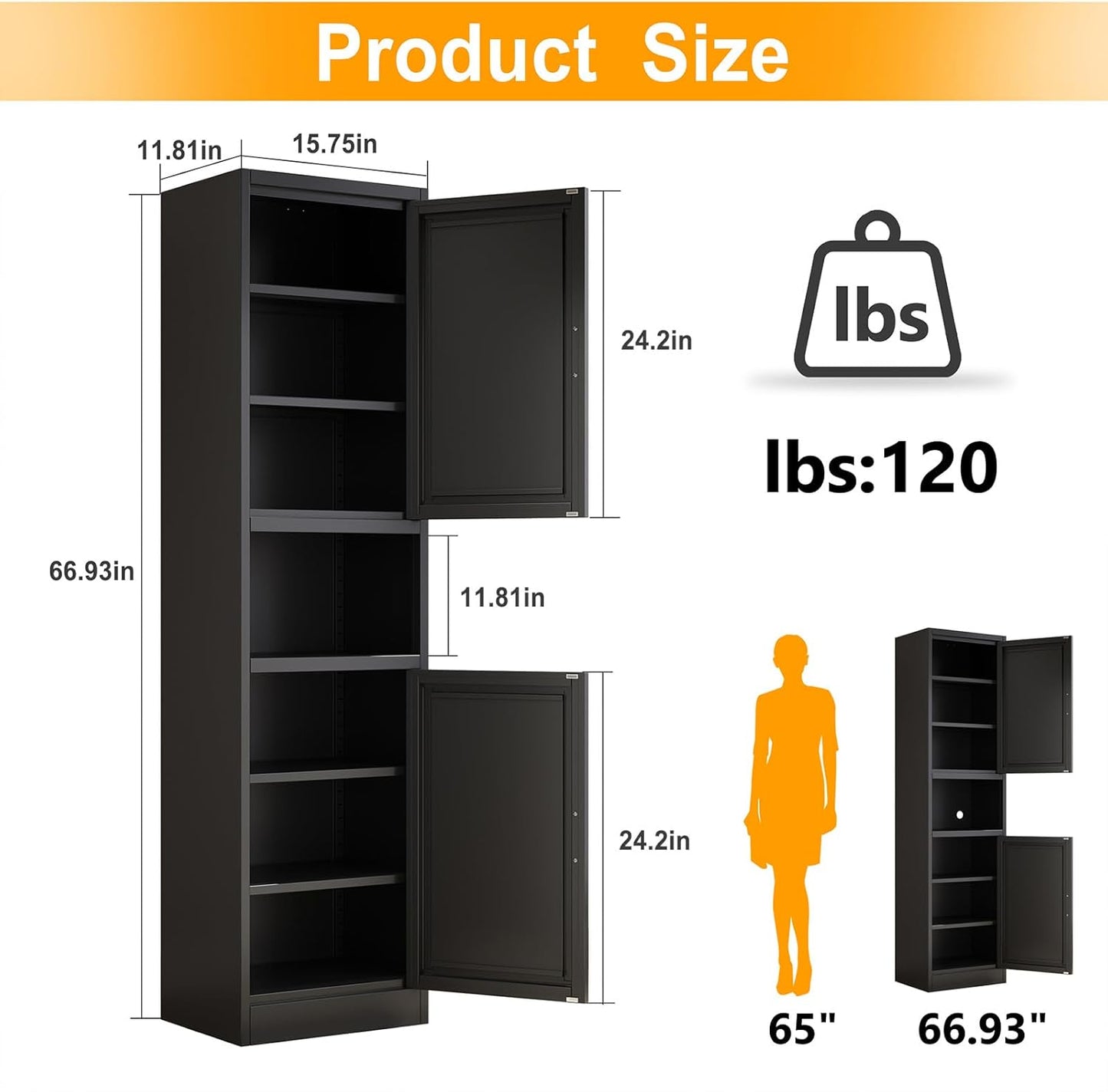 Tall Narrow Storage Cabinet 66.93" H Tall Bathroom Cabinet Metal Pantry Cabinets, 4 Adjustable Shelves for Kitchen, Home Office, Living Room, Dinning Room (16 inches Wide Black)