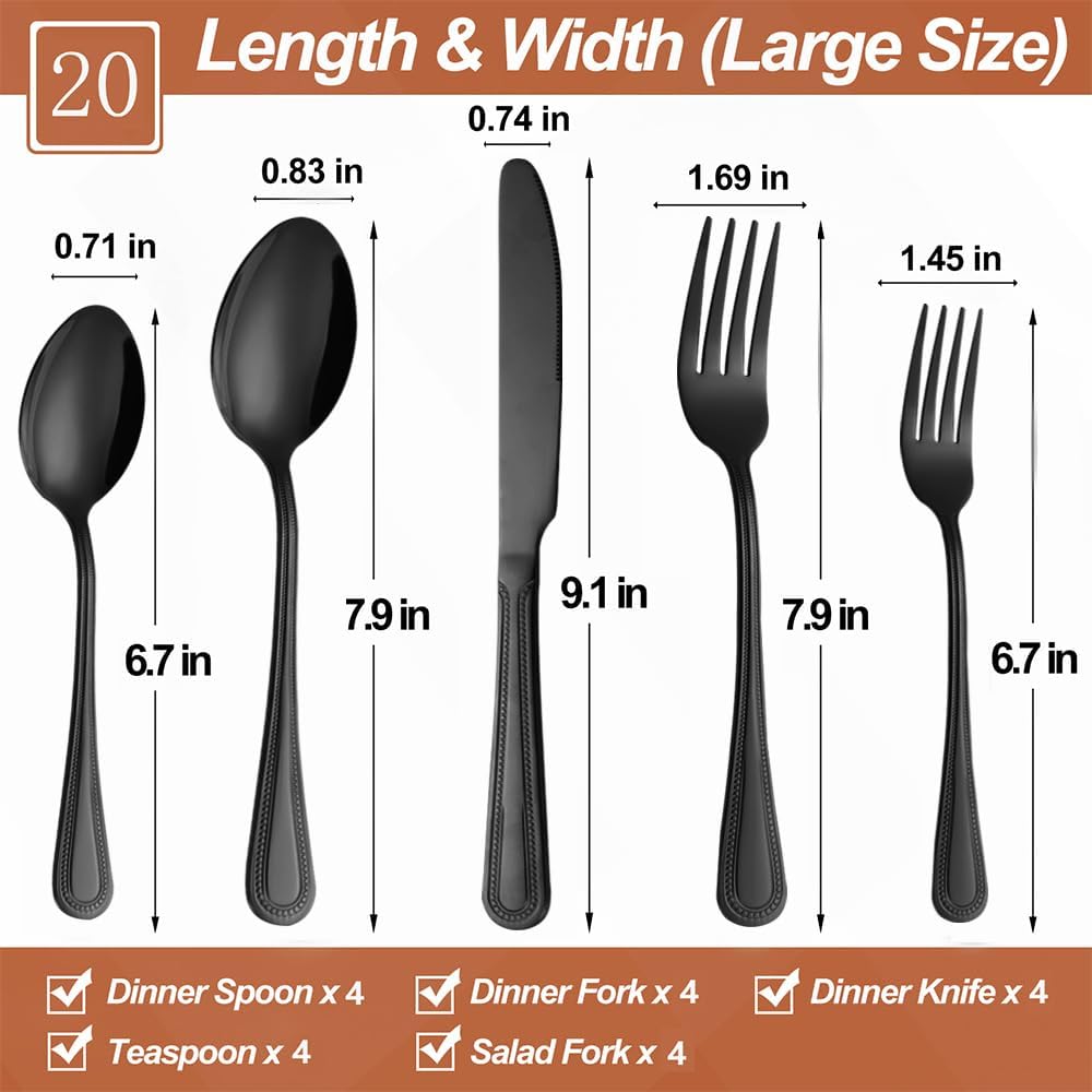 20 Pcs Black Silverware Set for 4 with Pearled Edge Handle design, Food Grade Stainless Steel Flatware Set, Eating Utensils Sets Include Fork/Knife/Spoon, Reusable Cutlery Set, Dishwasher Safe
