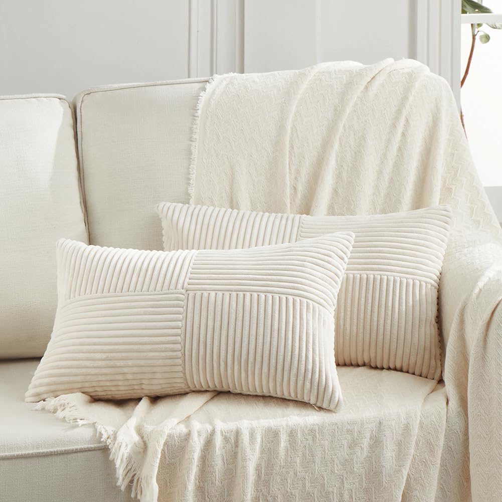 Fancy Homi 2 Packs Cream Long Lumbar Decorative Throw Pillow Covers 16x24 Inch for Couch Bed Sofa, Rustic Farmhouse Boho Home Decor, Soft Striped Corduroy Rectangle Accent Cushion Case 40x60 cm