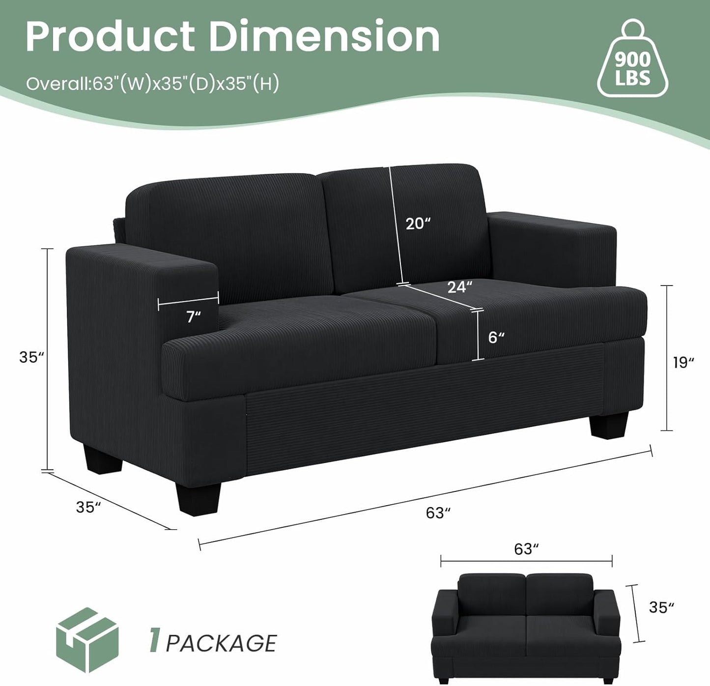 3 Pieces Corduroy Couch Set for Living Room, 7 Seats Cloud Sofa, Deep Seat Floor Couch for Bedroom, Futon Modern Sofa Sectional Bed, Black Corduroy