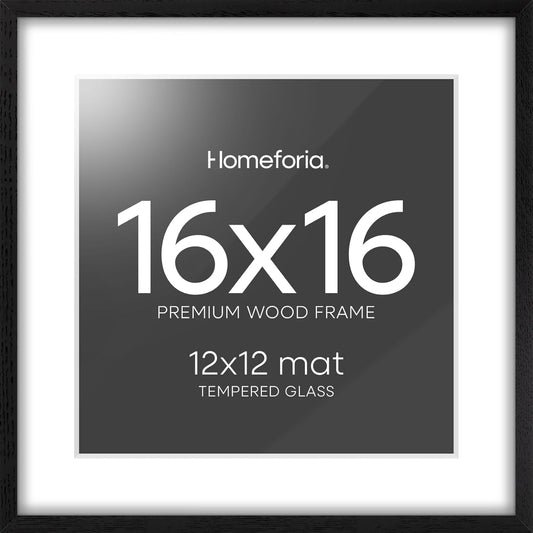 Homeforia 16x16 Black Wood Frame, High End Oak 16 x 16 Square Picture Frames with Mat 12 by 12 inches Photo, 16by16 Black Wooden Poster Frames Matted to 12x12 Print, Tempered Glass, Wall Kit, Set of 1