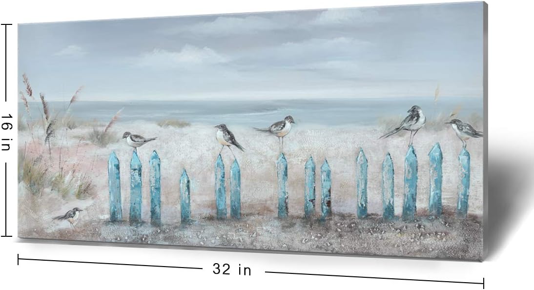 amatop Ocean Beach Wall Art 3D Framed Hand-Painted Seascape Oil Painting Perching Bird Canvas Artwork 'The Tranquility by The Sea Shore' for Living Room Bedroom Decor Coastal Blue