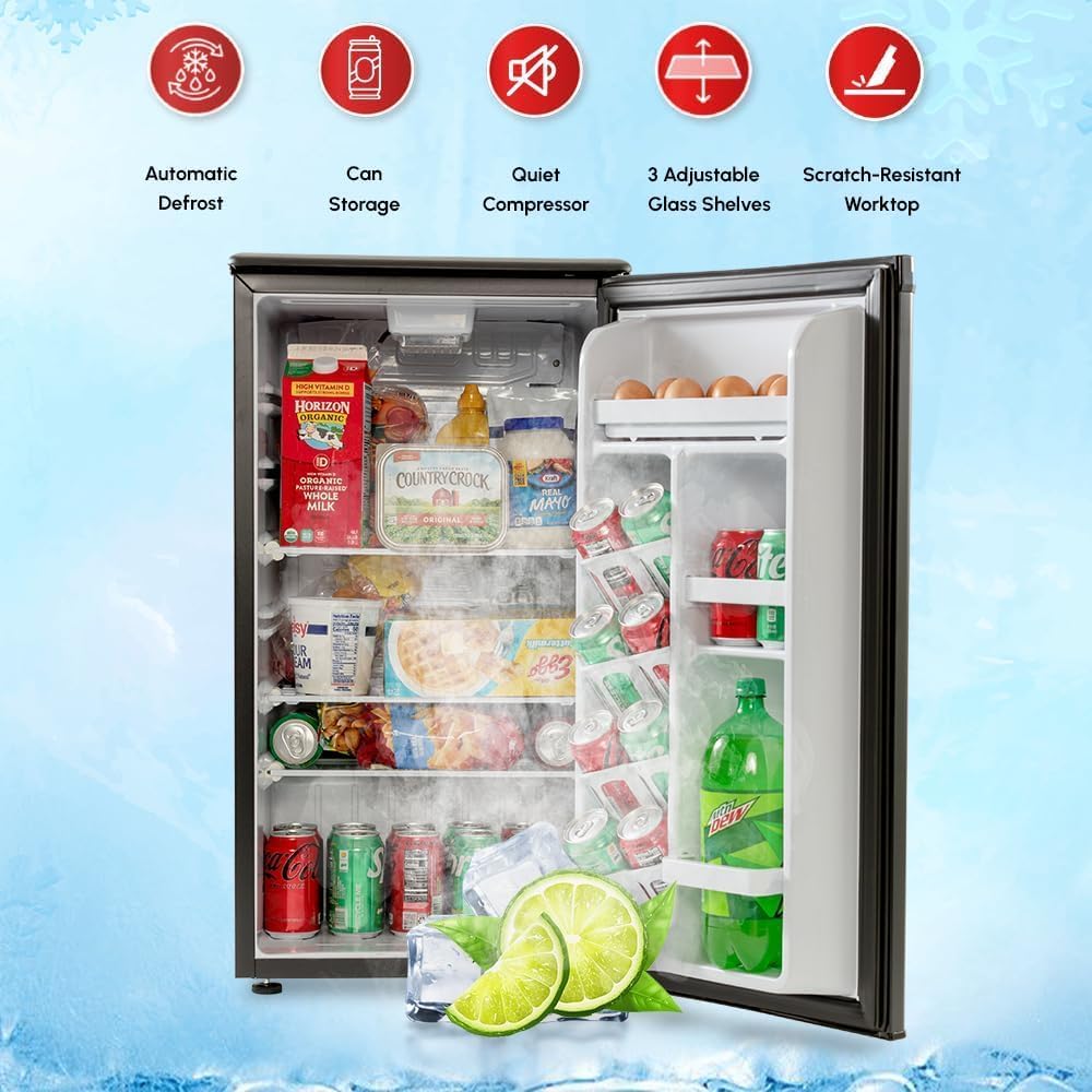 E-Star 3.3 Cu Ft Mini Fridge without Freezer - AUTO DEFROST, Reversible Single Door, Glass Shelf Refrigerator - A Space-Saving Marvel for Your Bedroom, Dorm, and Office