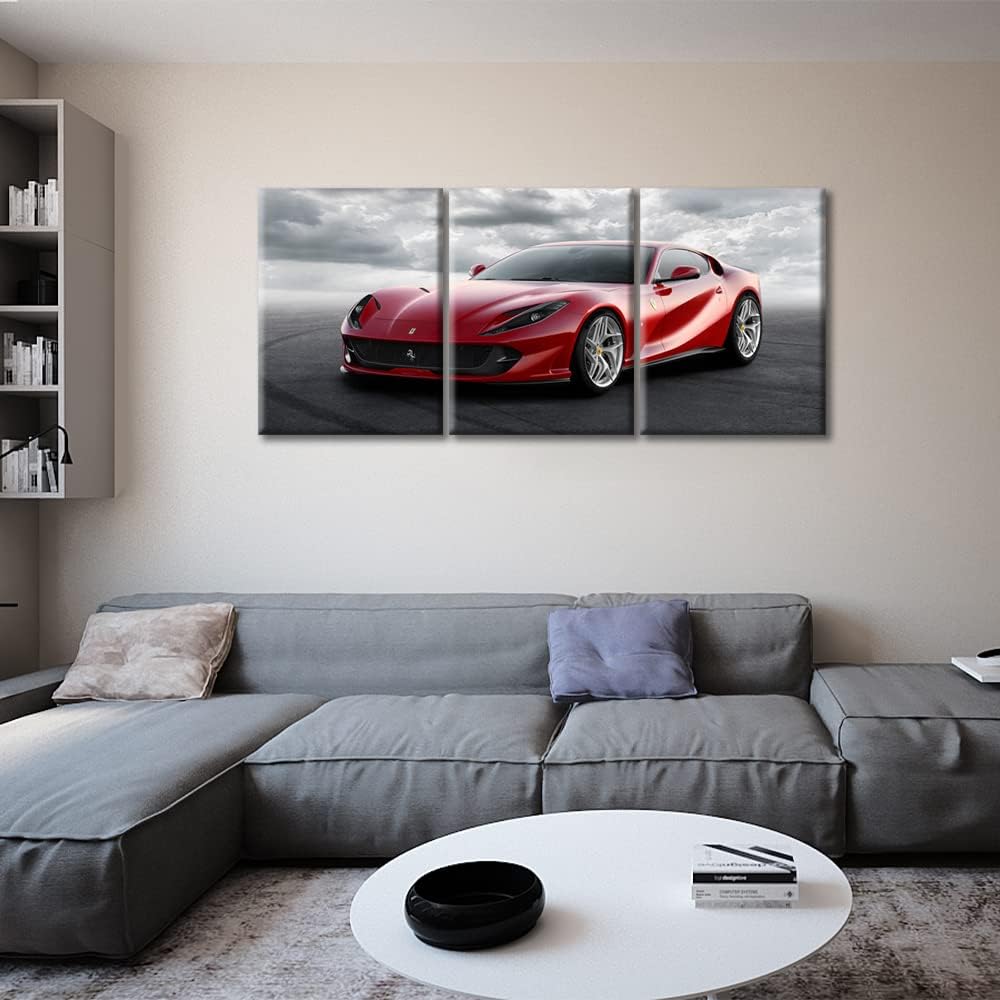 TUMOVO 3 Piece Wall Pictures for Living Room Red Sports Car Painting on Canvas Wall Decor Art Famous Super Car Poster for Men Boys Bedroom Wall Art Modern Artwork Framed Ready to Hang, 36" Wx16 H