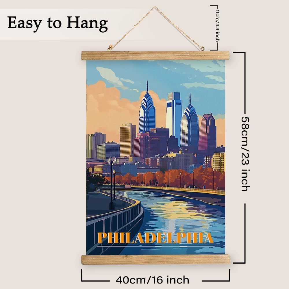 WREVERW Vintage Philadelphia Poster Canvas Print with Wooden Hanger Frame, Featuring Skyline and Schuylkill River, Wall Art for Home and Office Decor, 16x23 inches