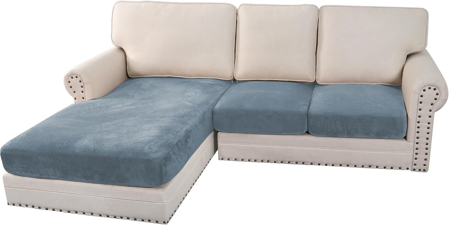 H.VERSAILTEX Velvet Stretch Sectional Couch Covers 3 Pieces Sofa Seat Cushion Covers L Shape Separate Cushion Couch Chaise Cover for Both Left/Right Couch (Large Sofa 2 Seater + 1 Chaise, Stone Blue)