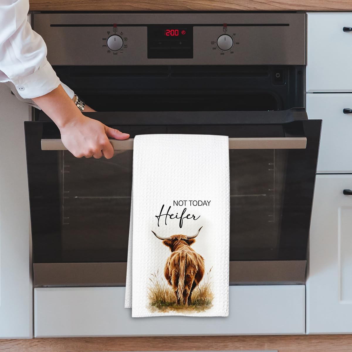 Not Today Heifer Highland Cow Hand Towels for Farmhouse Kitchen Bathroom Decor | Funny Waffle Weave Microfiber Dish Towel Western Gift
