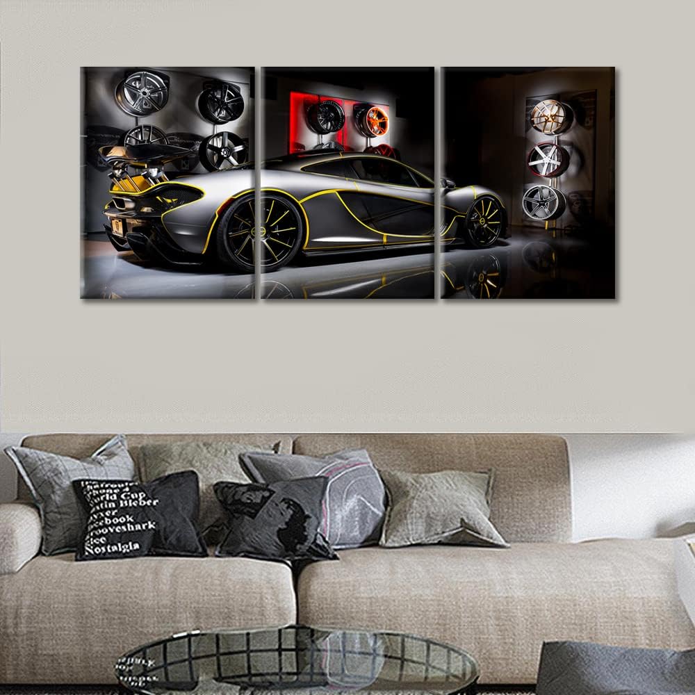 TUMOVO Gray Sports Car Canvas Wall Art Yellow Stroke Supercar Posters & Prints Artwork Contemporary Home Decor Stretched Canvas Picture for Living Room Boys Bedroom Home Office Decor, 36" Wx16 H