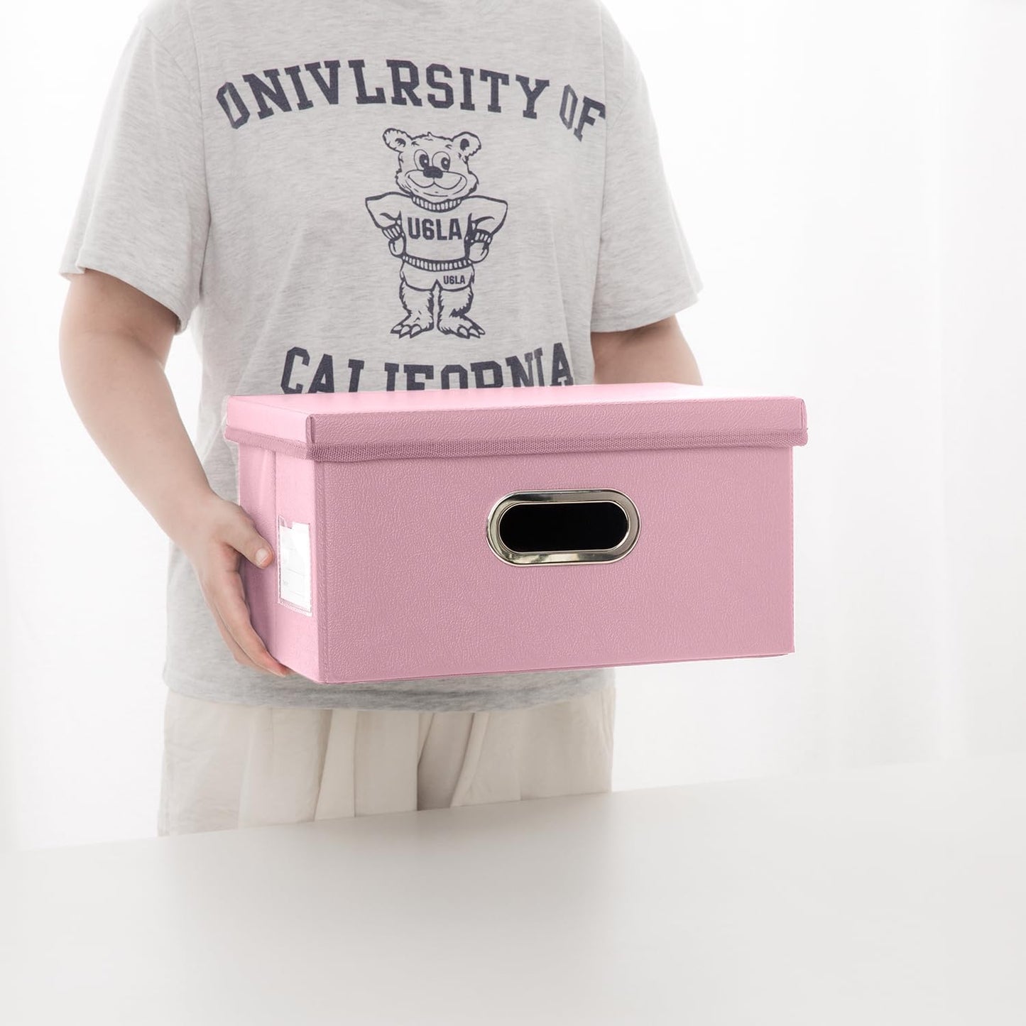 PRANDOM Collapsible Storage Box with Lid [3-Pack] Leather Fabric Foldable Storage Bin Organizer Container Basket Cube with Cover for Home Bedroom Closet Office Nursery Pink(13.6x9.6x6.9)