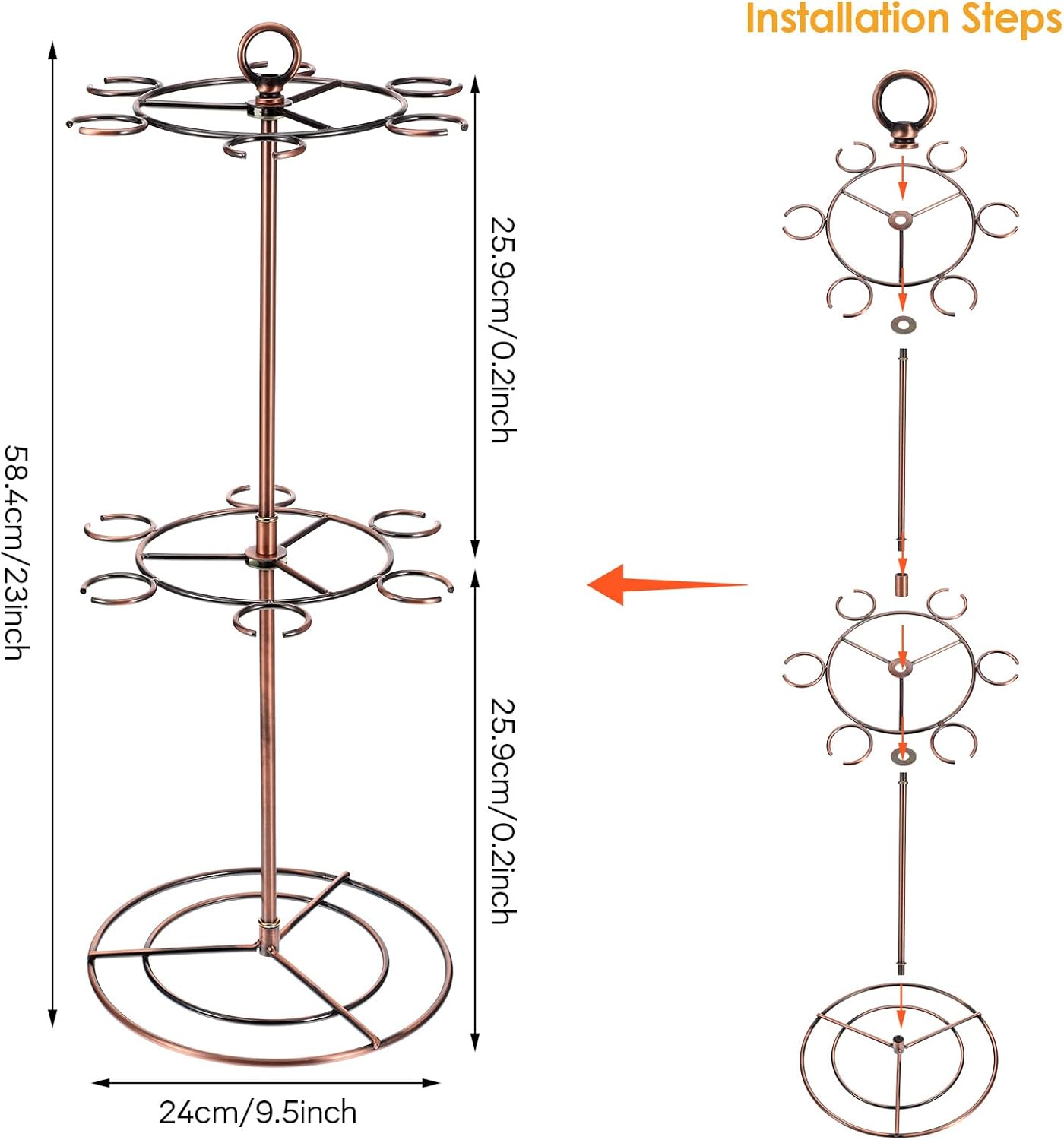 Black Metal Countertop Wine Glass Holder with Scrollwork Design, Freestanding Tabletop Stemware Storage Rack with 12 Hooks