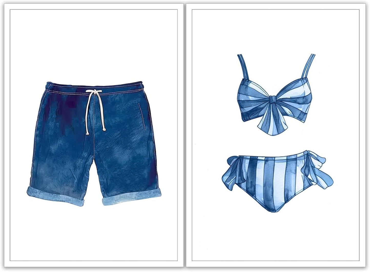 Liyark Set of 2 Retro Navy Blue And White Swimsuit Art Posters Beach Bathing Suit Prints Painting Beach House Wall Art Coastal Wall Decor Pictures For Bathroom Home Decoration 24x36in Unframed