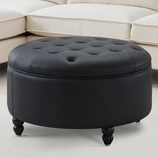 30-Inch Large Round Ottoman, Faux Leather Coffee Table with Removable Lid Top, Upholstered Footrest Modern Button Circle Storage Ottoman for Living Room, Office, PU Black