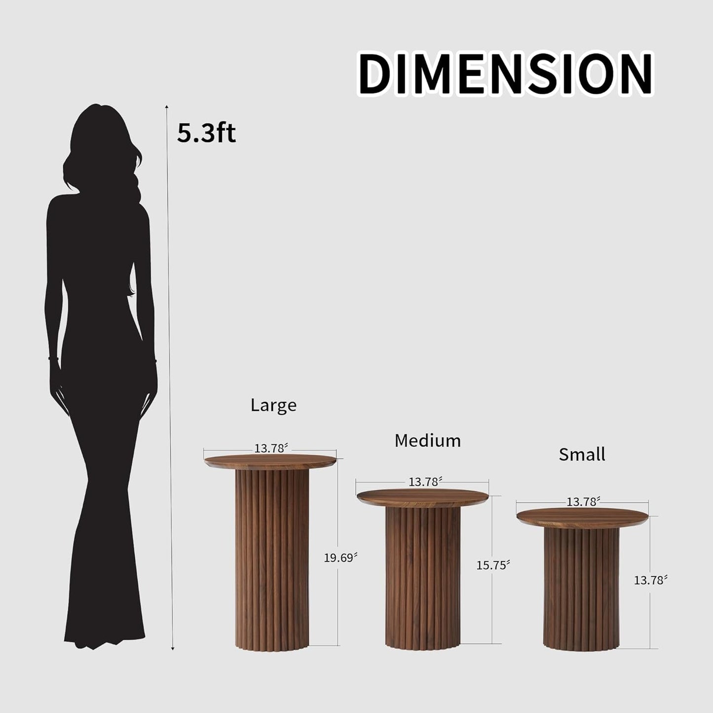 Round Nesting Coffee Table Set of 3,Mid Century Modern Fluted Coffee and End Table Set,Small Circle Wooden Side Table Drink Table for Living Room (Walnut)