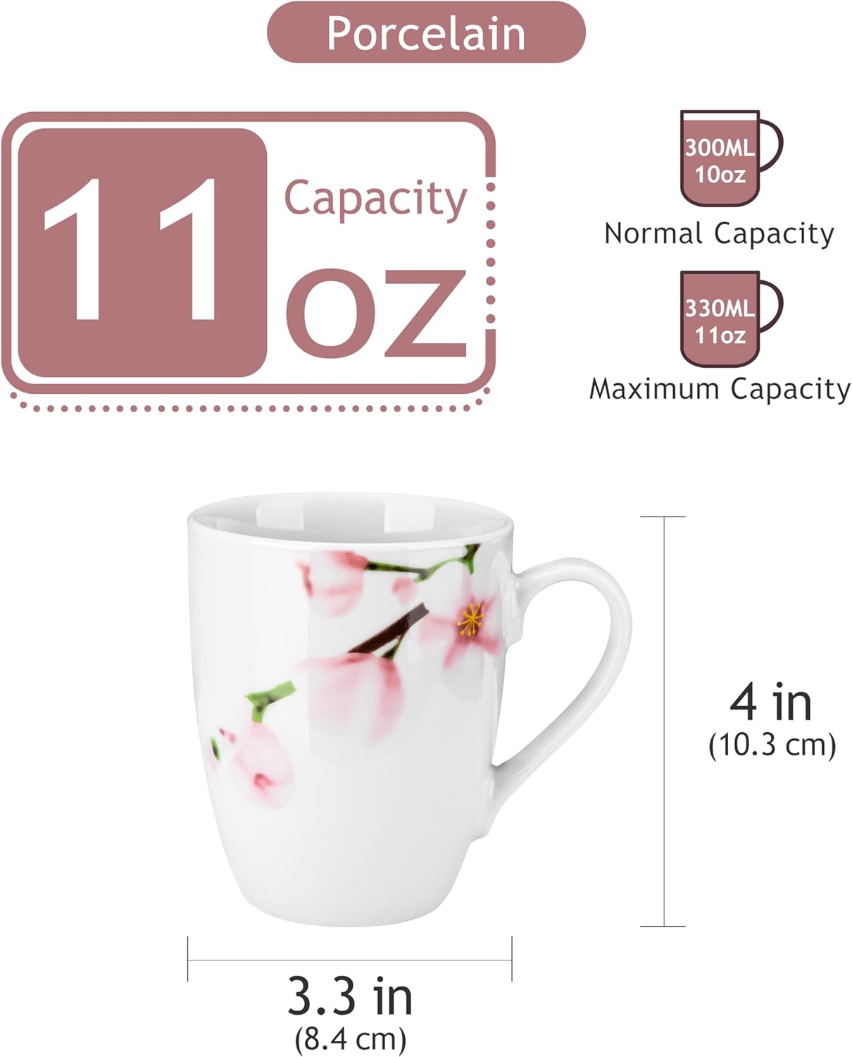 VEWEET Coffee Mugs Set of 6, 11 OZ Coffee Cups Set with Handle, Floral Mug Sets Ceramic Cup Set for Kitchen, Microwave & Dishwasher Safe, Series ANNIE