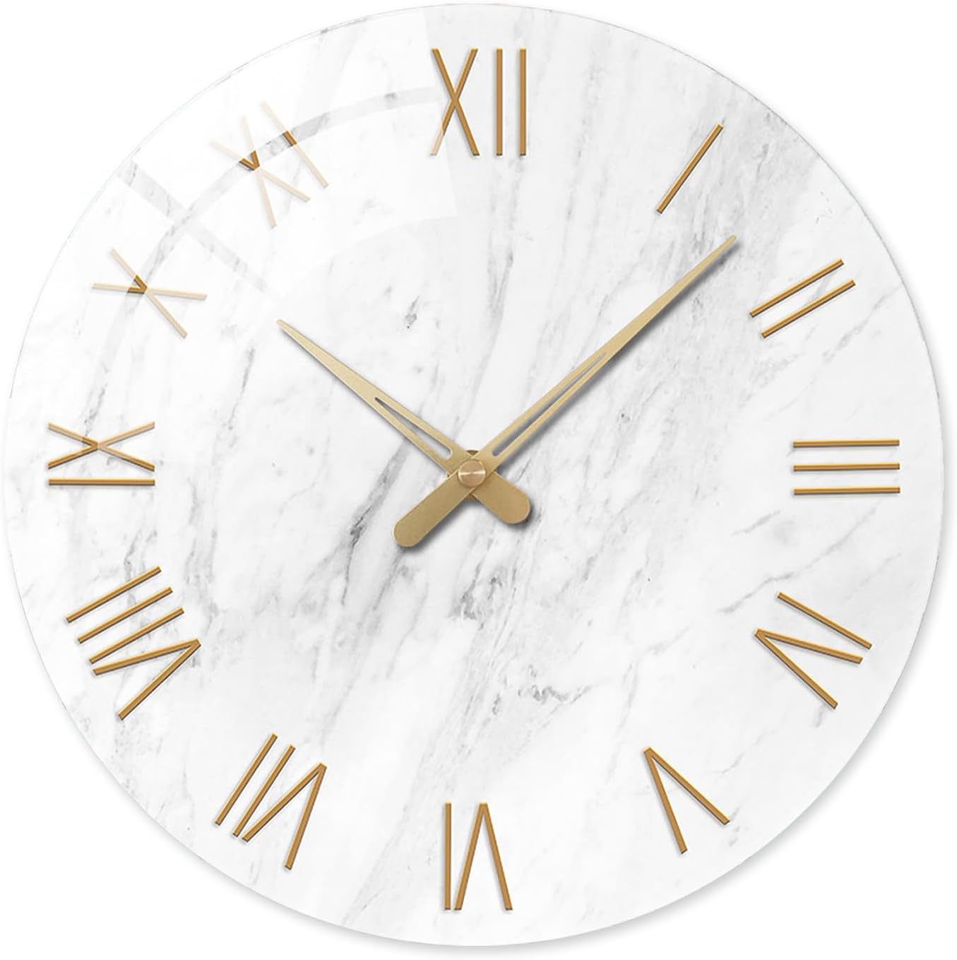Round Marble Battery Wall Clock Modern 14 Inch White Minimalist Wall Clock for Kitchen Quartz Glass Slient Clock for Wall