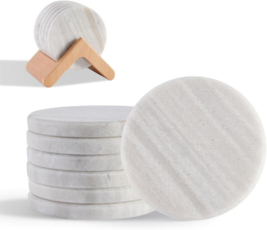 BCS Premium Marble Coasters Set of 6 with Holder - White Stone Drink Coasters for Coffee Table, Durable Cup Mats for Beer, Wine, Beverages - Elegant Home & Office Decor Present