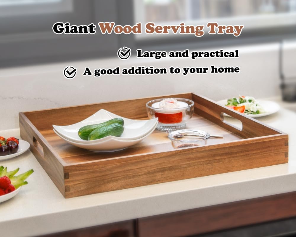 Large Ottoman Tray for Living Room, 20" Extra Large Tray for Ottoman Square Acacia Serving Trays with Handles for Coffee Table, Breakfast, Appetizers, Dinner