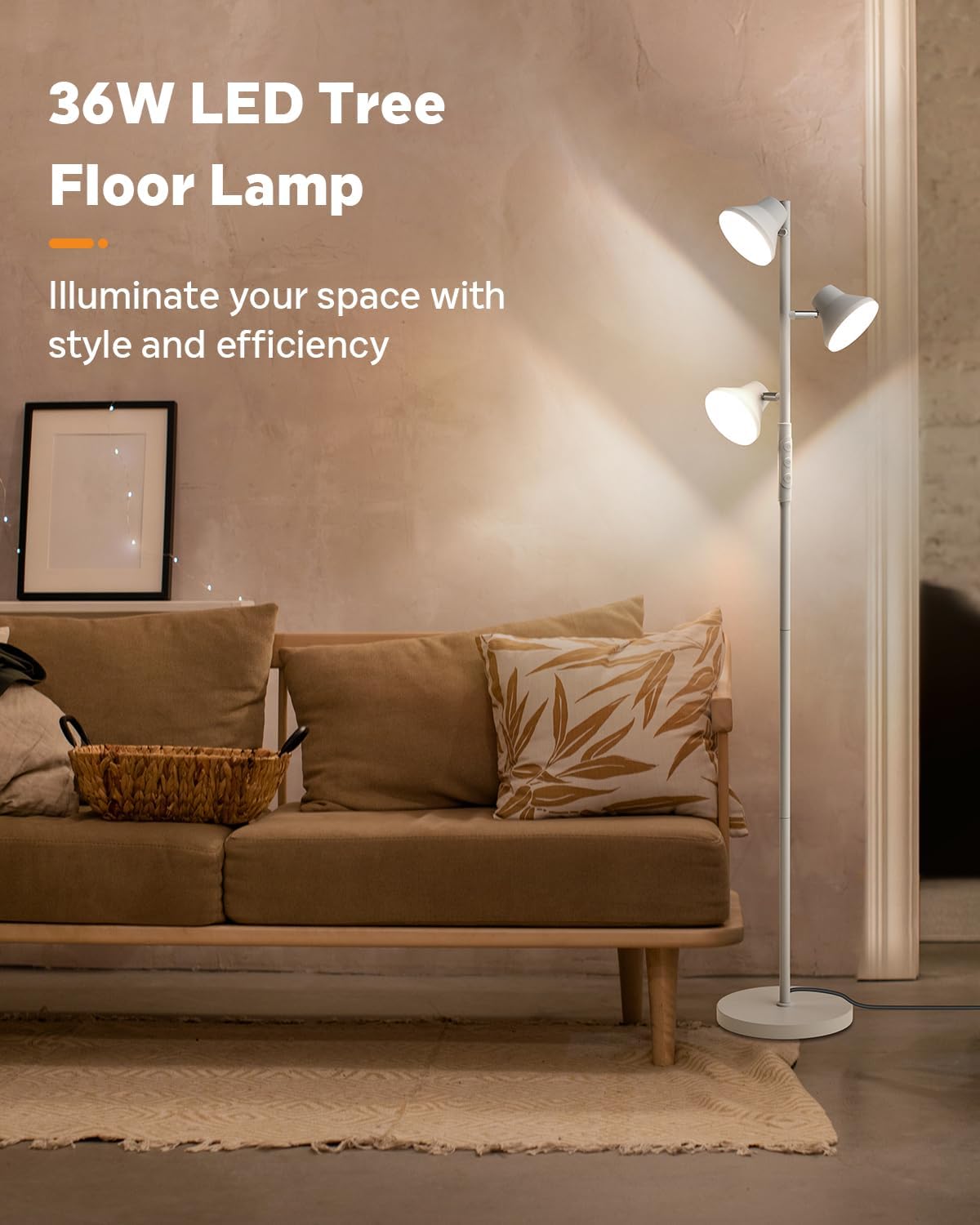 LED Tree Floor Lamp Silver, 36W Super Bright Standing Lamp with Remote Control, 4 Color Temperatures, 3 Rotatable LED Lights, Dimmable Floor Lamps for Living Room, Bedroom, Office