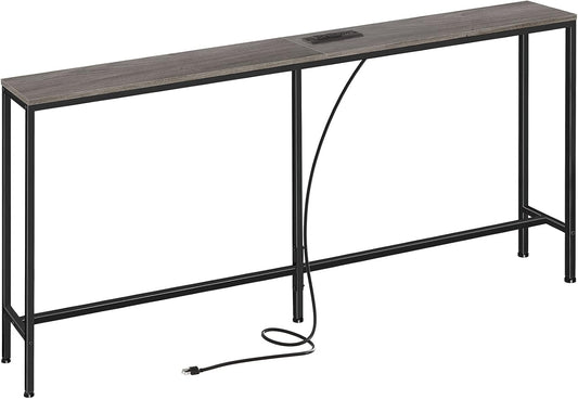 SUPERJARE 70 Inch Console Table with Outlet, Sofa Table with Charging Station, Narrow Entryway Hallway Table, Behind Couch Table, for Living Room, Charcoal Gray