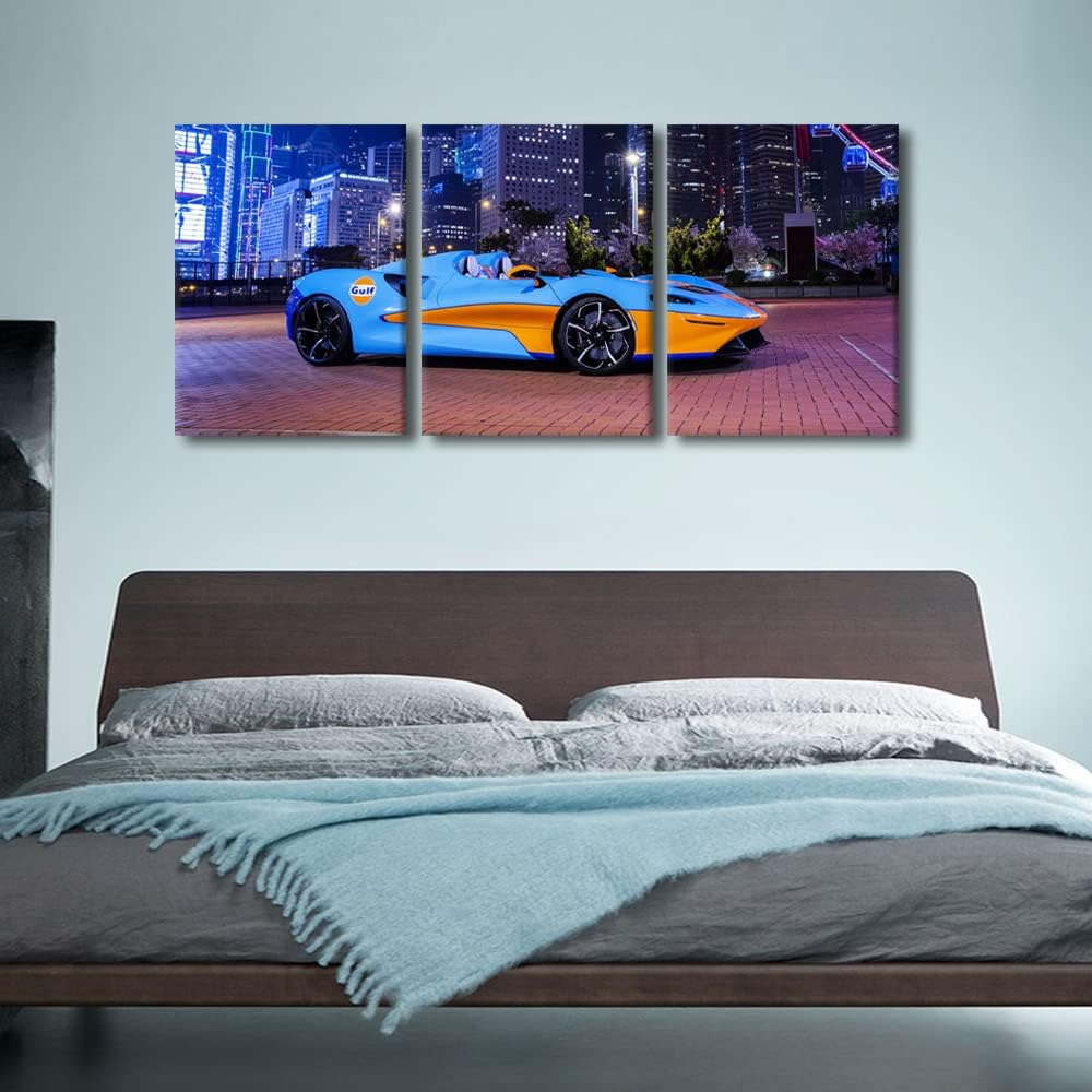 Sports Car and City Landscape Wall Art Painting on Canvas Supercar Speed Car Bedroom Wall Art Modern Home Decor House Decorations for Living Room Bathroom Pictures Stretched on Wooden Frame 36"Wx16"H