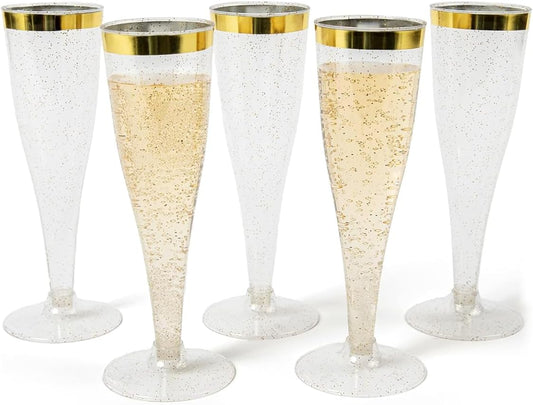 Prestee Set of 24 Plastic Champagne Flutes with Gold Rim - 4.5 oz - Shatterproof Disposable Glasses for Weddings, Cocktail Parties, and Outdoor Celebrations