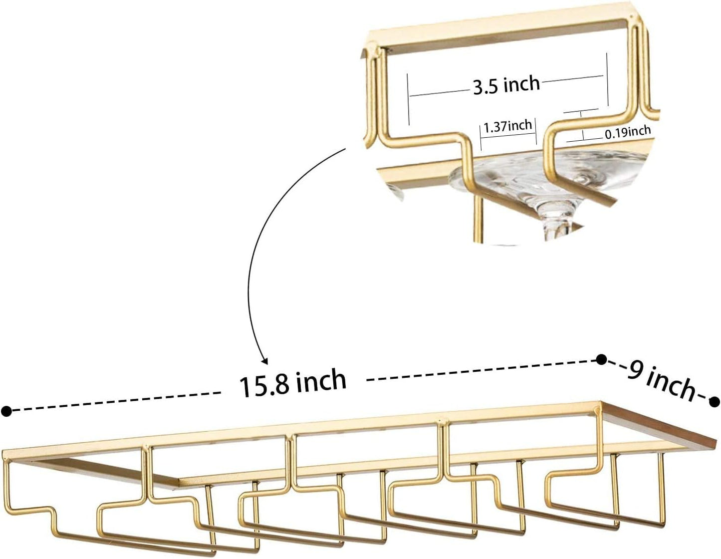 Wine Glass Rack - Under Cabinet Stemware Wine Glass Holder Glasses Storage Hanger 2 Pack Metal Organizer for Bar Kitchen 4 Rows Gold