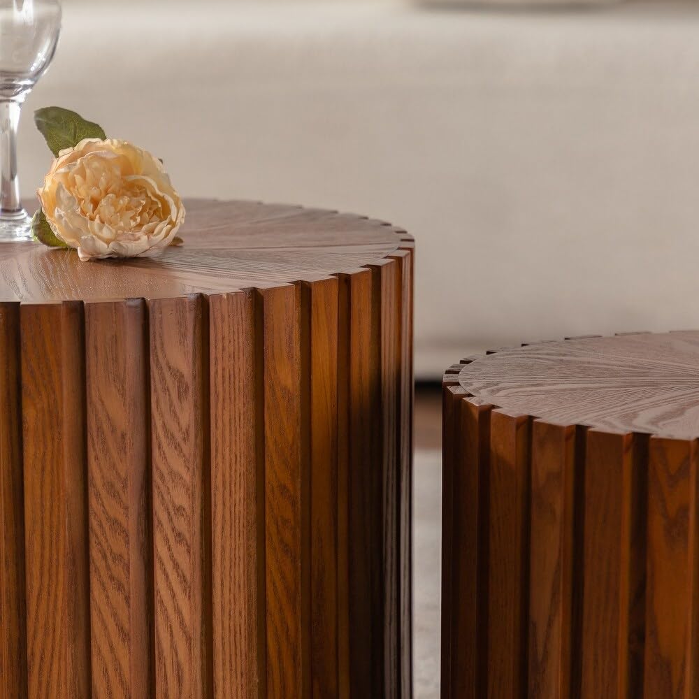 Round Nesting Coffee Table Brown Round Fluted Coffee Table Set of 2 for Living Room Small Circle Drum Nested Coffee Tables (Brown 27in)
