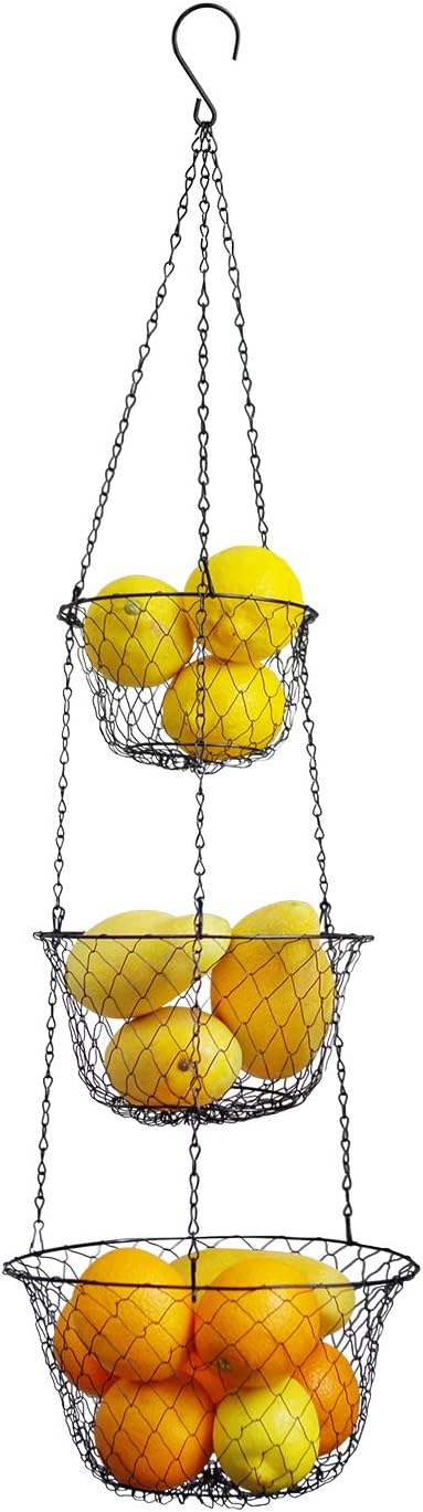 malmo 3-Tier Wire Fruit Hanging Basket, Vegetable Kitchen Storage Basket, Iron Wire Black (Basket2024)