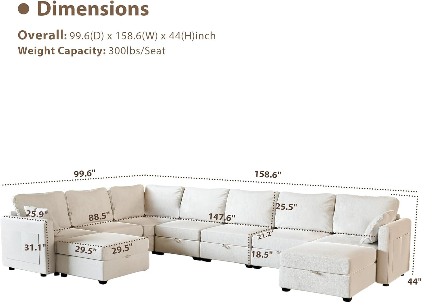 mestyl Modular Sectional Sofa Convertible Sofa Couch Set with Storage for Living Room, Modern 7 Seater Modular Sectional Couch with 2 Movable Ottoman (Beige)