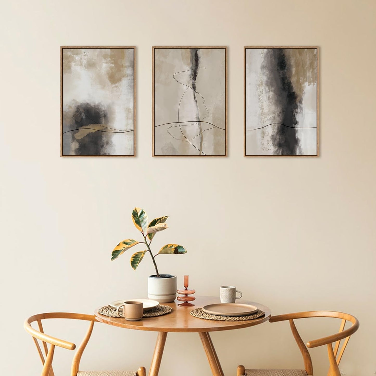 HPINUB Large Modern Abstract Shapes Framed Canvas Wall Art Set,Neutral Black and White Wall Decor,Minimalist Nordic Wall Painting for Living Room,Bedroom,Dining Room,Office -24"x36"x3