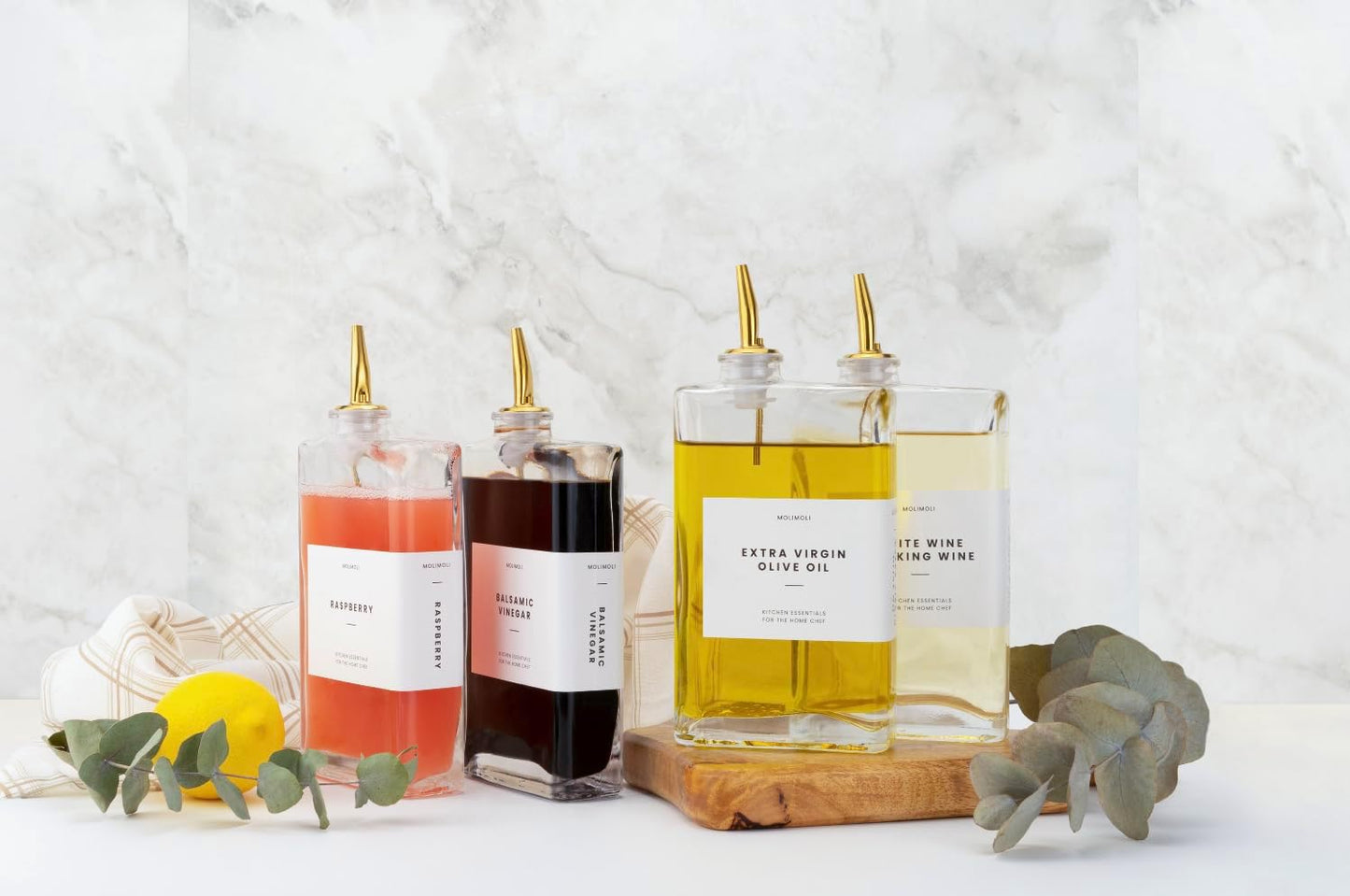 Molimoli Olive Oil Dispenser Bottle for Kitchen, Automatic Pourer, Glass Dispenser for Kitchen, Olive Oil Cruet, | Set of 4 - Gold