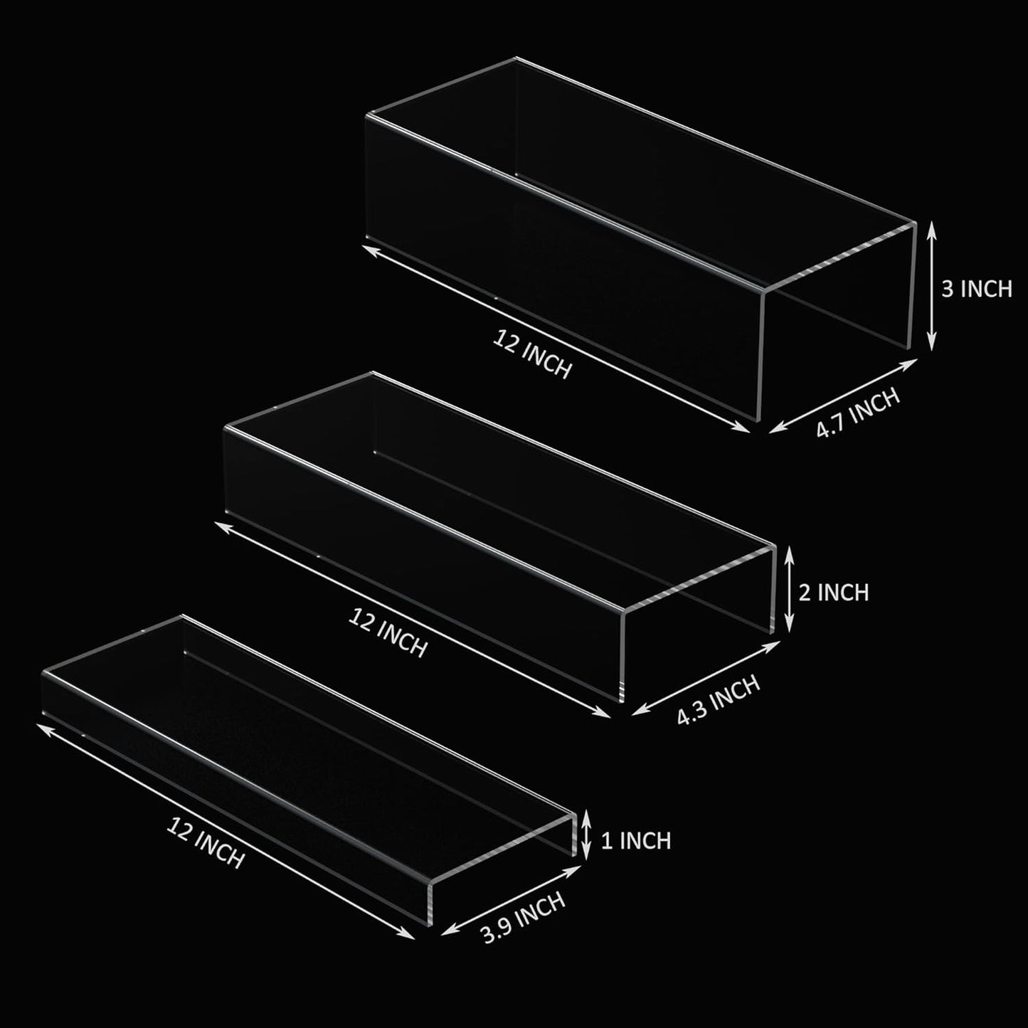 Rectangular Acrylic Display Risers Stands 3pcs, Dessert Table Display Rack, Clear Display Shelf for Funko Pop, Collectibles, Retails, Shoes, Glasses, Plants, Home Decors, Perfume - 12-1'', 2'', 3''