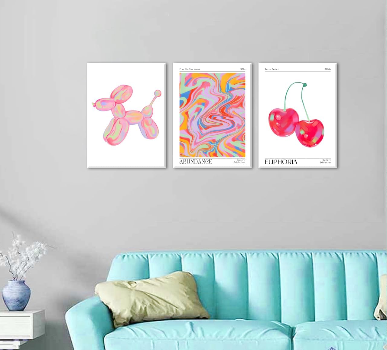 Framed Pink Preppy Wall Art Set of 3 Trendy Cute Balloon Dog Cherry Posters Abstract Aura Canvas Prints Modern Colorful Painting Retro Pop Art Decor Positive Picture for Living Room Bedroom 16x24in