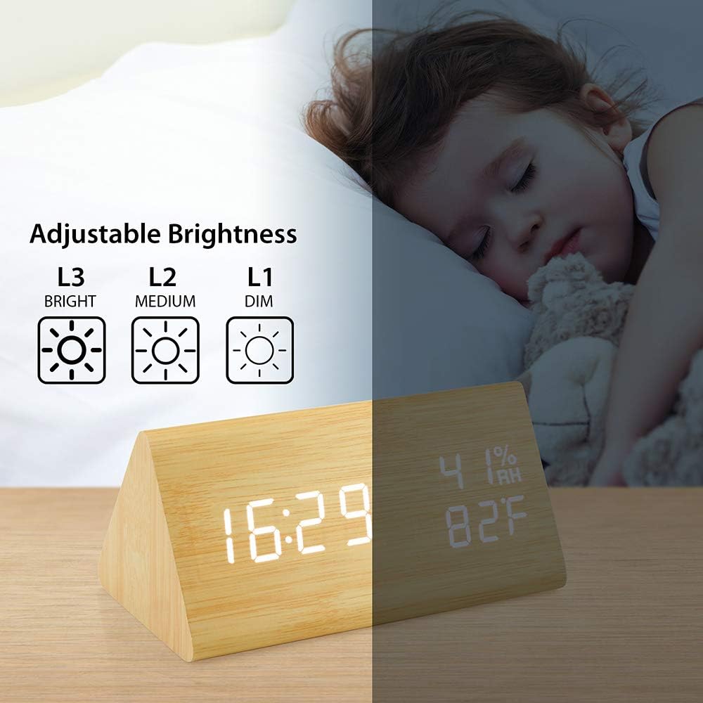OCT17 Wooden Alarm Clock, Wood Alarm Clock Smart LED Digital Clock for Bedroom/desks, Upgraded with Time Temperature, Adjustable Brightness and Voice Control, Humidity Displaying - Bamboo