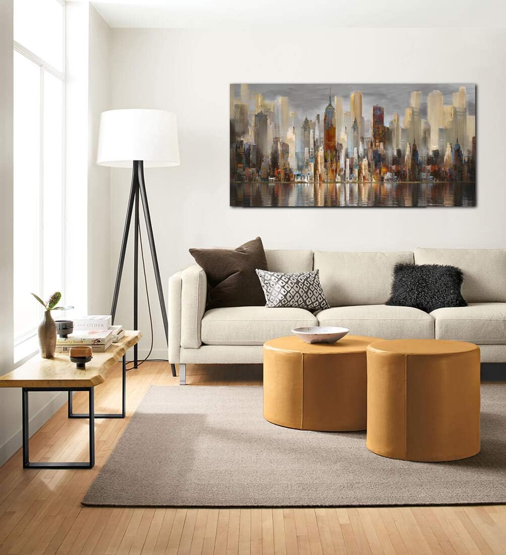 Framed Wall Art Large Cityscape New York Wall Decor Canvas Prints Abstract Brown City Theme Paintings Modern Canvas Wall Art for Living Room Bedroom Big Size 24x48 Framed