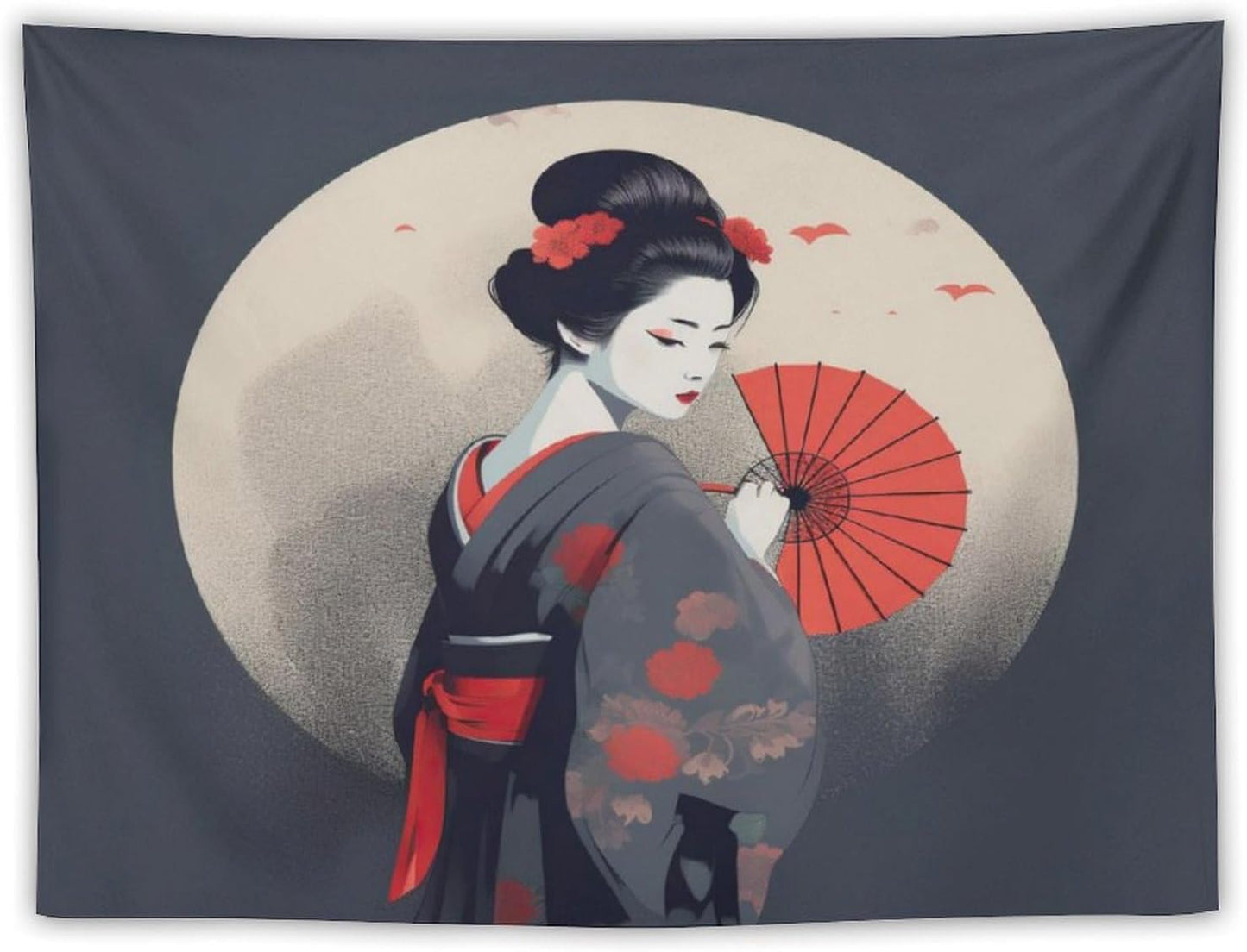 Japanese Woman Geisha Tapestry Asian Red Cherry Blossom Red Sun Traditional Kimono Folk Tapestries Home Decor for Living Room Bedroom Apartment Farmhouse Dorm 60"x50"