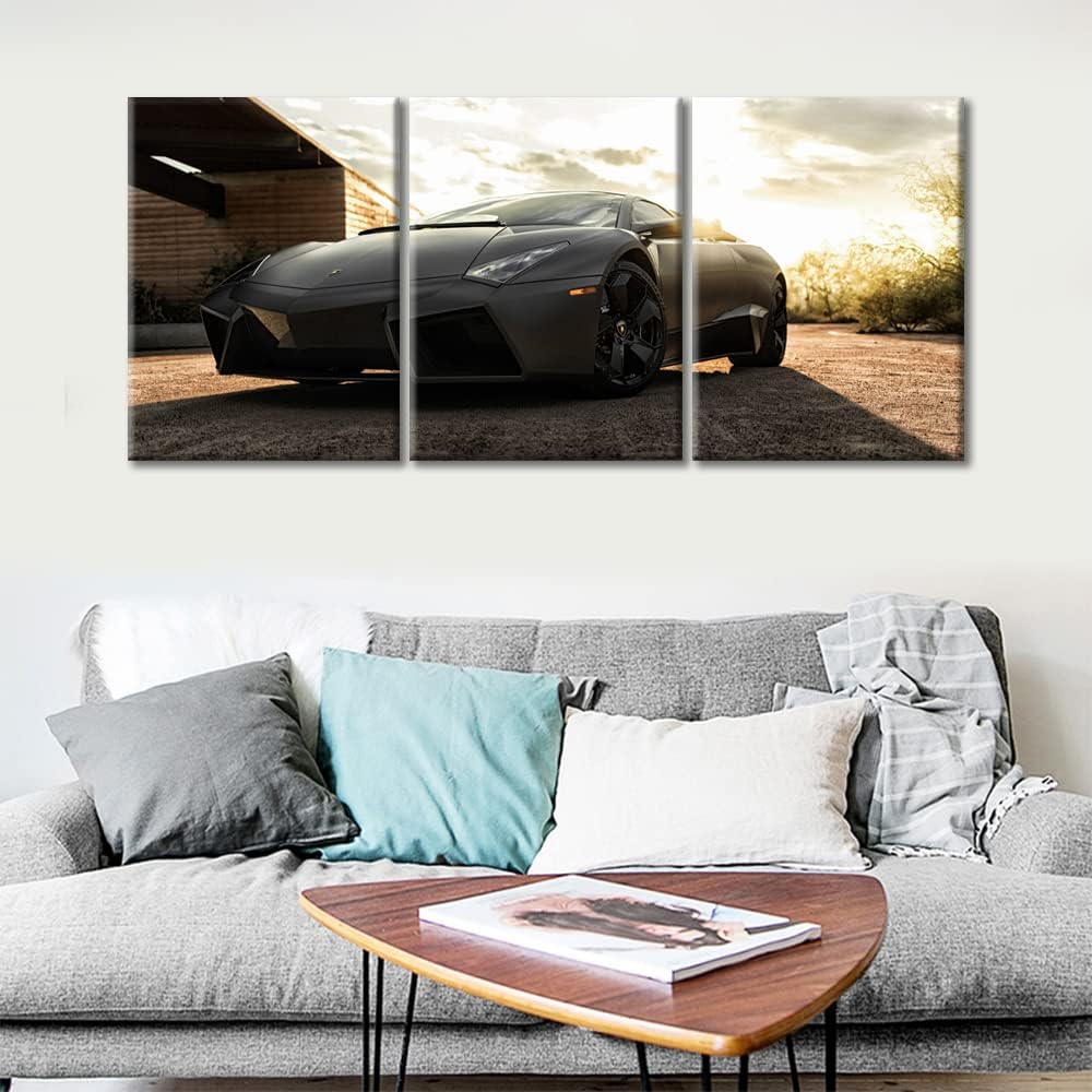 TUMOVO Wall Art for Living Room Gray Sports Car at Sunset Office Wall Decor Canvas Prints 3 Pieces Hypercar Supercar Modern Artwork for Men Boys Bedroom Bathroom Framed Ready to Hang, 36" Wx16 H