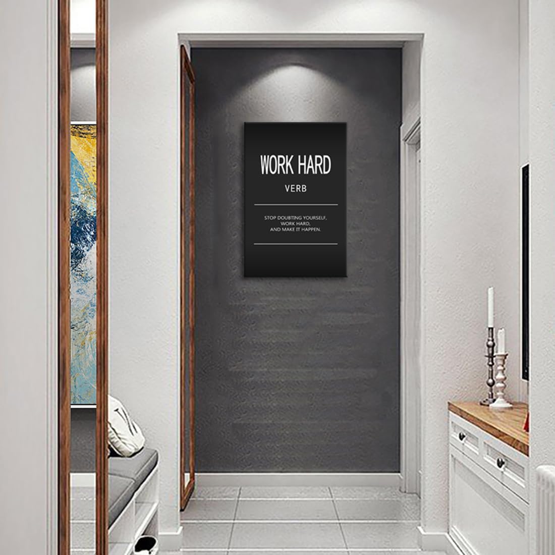 Inspirational Wall Art Office Decor Motivational Entrepreneur Quotes Canvas Painting Work Hard Verb Pictures Posters and Prints Artwork Modern Inspiring Gym Living Room Decor Framed[24" W x 36" H]