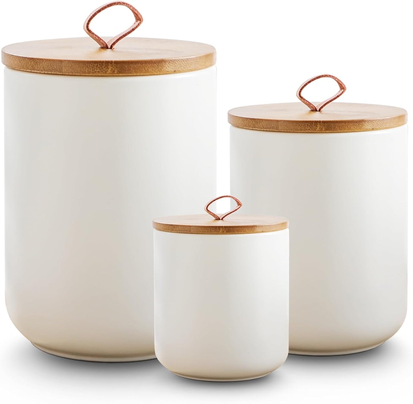 White Ceramic Canister Set with Wooden Lid, 3-Piece Food Storage Jars for Kitchen Counter, Storage Container for Coffee, Tea, Spice, Sugar, Grains, Salt