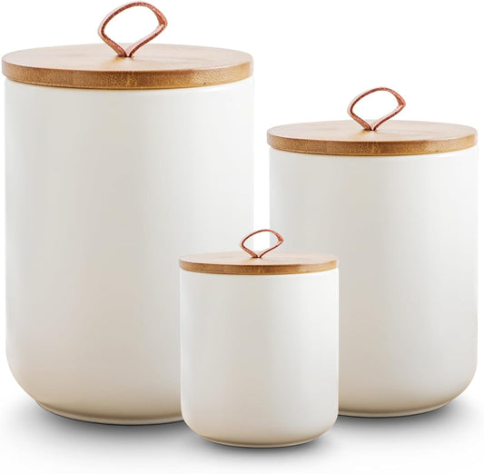 White Ceramic Canister Set with Wooden Lid, 3-Piece Food Storage Jars for Kitchen Counter, Storage Container for Coffee, Tea, Spice, Sugar, Grains, Salt