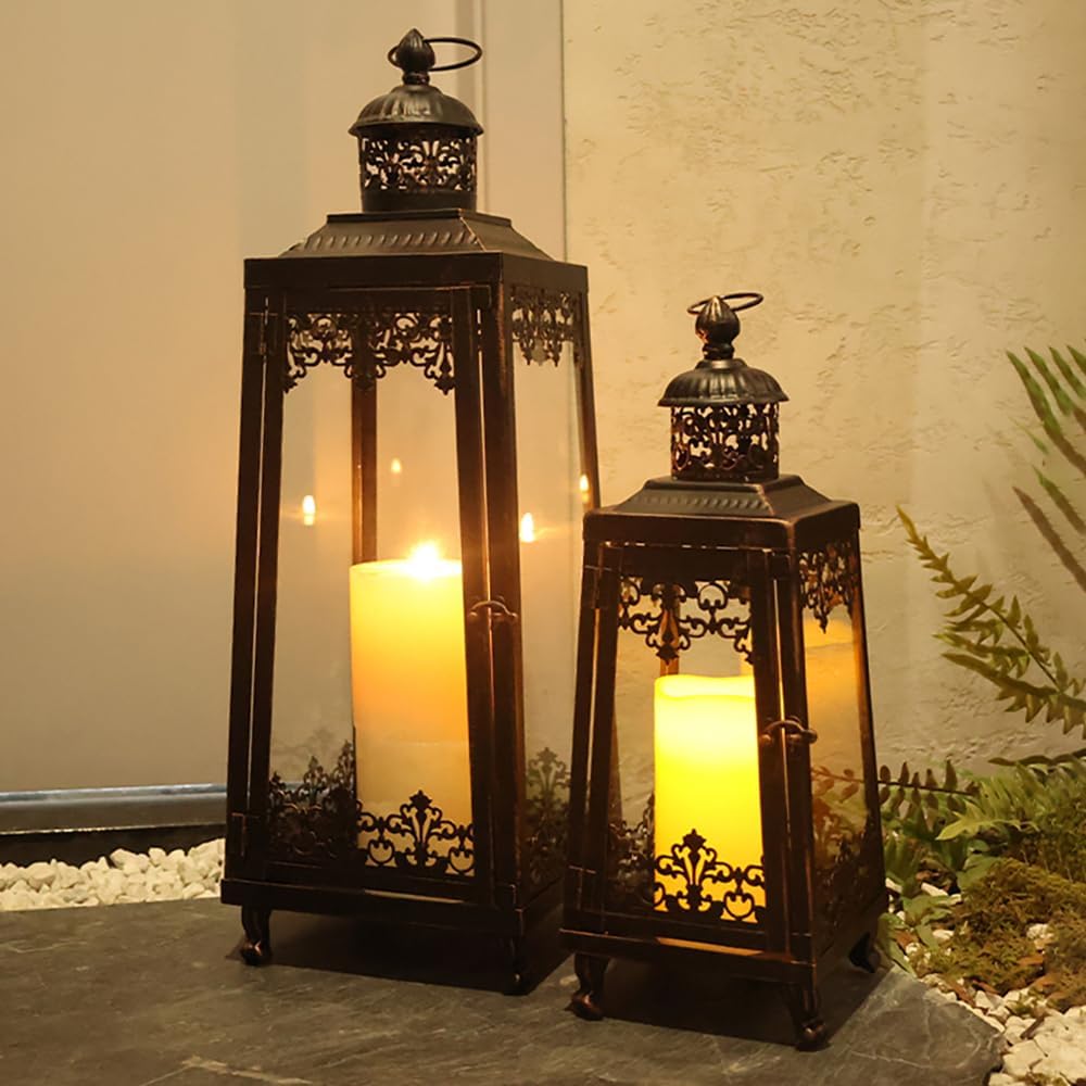 NEEDOMO Lanterns Decorative Outdoor & Indoor, Set of 2 Outdoor Lanterns for Porch,Large Candle Lantern, Bronze Metal Frame with Glass for Fall, Christmas