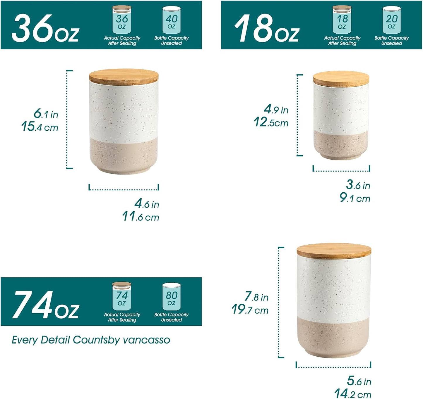 vancasso Sabine Ceramic Canister Set with Airtight Wood Lids - 3-Piece Kitchen Storage for Flour, Sugar, Coffee, Tea & Spices - Modern Countertop Decor