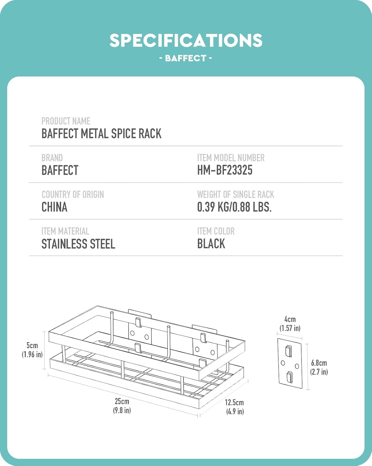 Metal Spice Rack Wall Mount Floating Shelves 2 Pack Black Storage organizer for Cabinet Door Pantry Kitchen Bathroom Supplies (9.8inches length)