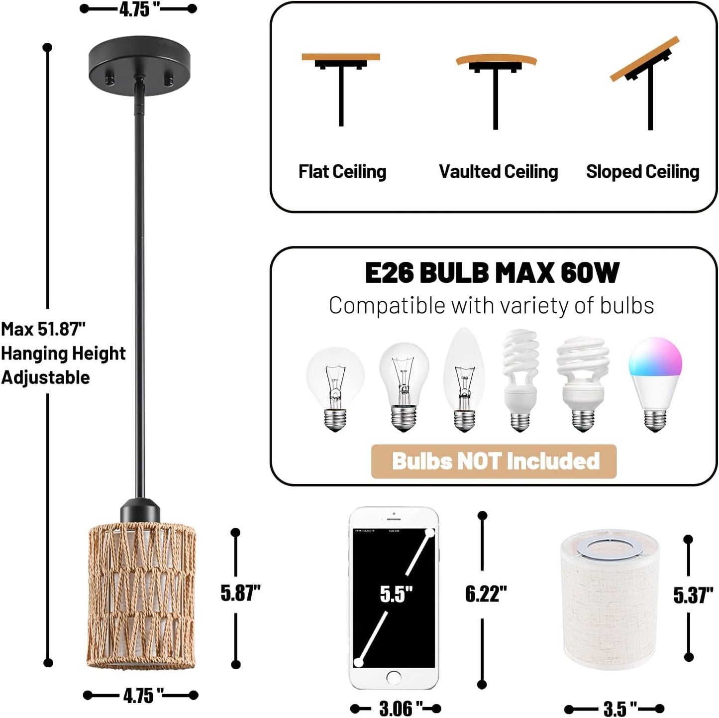 Pendant Light Boho Hanging Lamp, Rattan Hanging Lights with 2 in 1 Linen & Woven Shade, Ceiling Light Fixtures for Kitchen Island, Dining Room, Farmhouse, Bedroom (1 Pack)