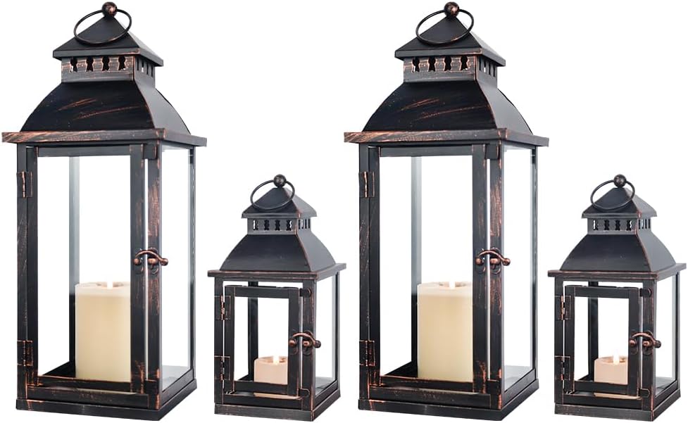 NEEDOMO Bronze Metal Lanterns Decorative Outdoor & Indoor, Set of 4 (17" & 10") with Glass, Candle Holder for Porch, Patio, Garden, Balcony, Wedding, Table Centerpiece Decorations